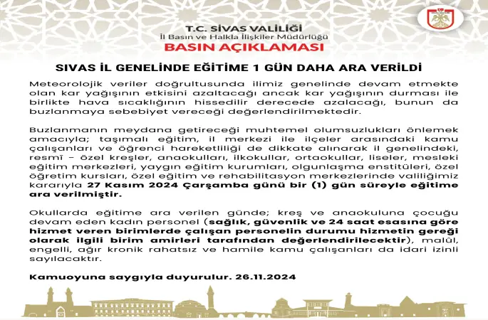 Sivas İl Genelinde Eğitime 1 Gün Daha Ara Verildi