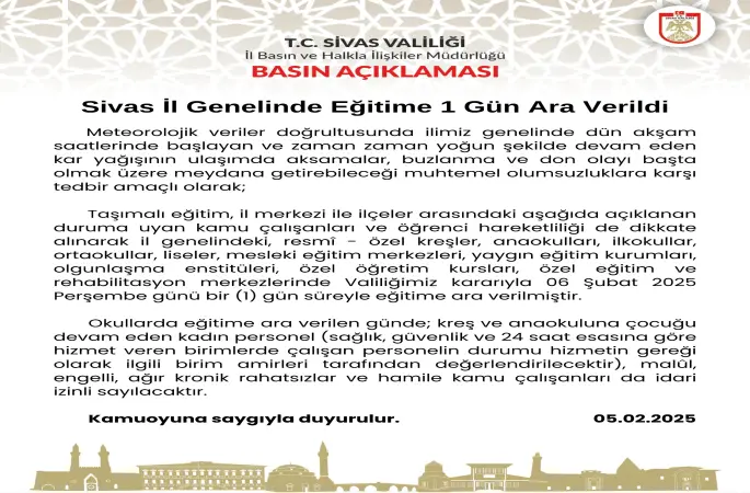 Çocukların beklediği kar tatili geldi Sivas İl Genelinde Eğitime 1 Gün Ara Verildi