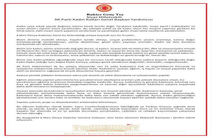 Ak Parti Sivas Milletvekili Rukiye Toydan 8 Mart Dünya Kadınlar Günü Mesajı