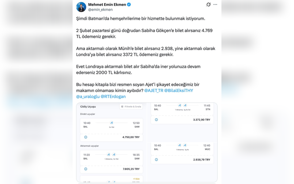 DEVA Partili Ekmen’den uçak bilet fiyatlarına eleştiri